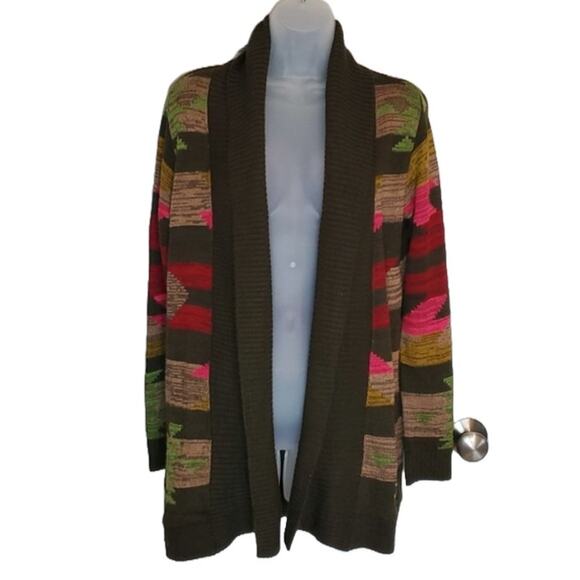O'Neil Aztec Print Olive Pink Red Tan Open Front Cardigan SZ M - Picture 1 of 8